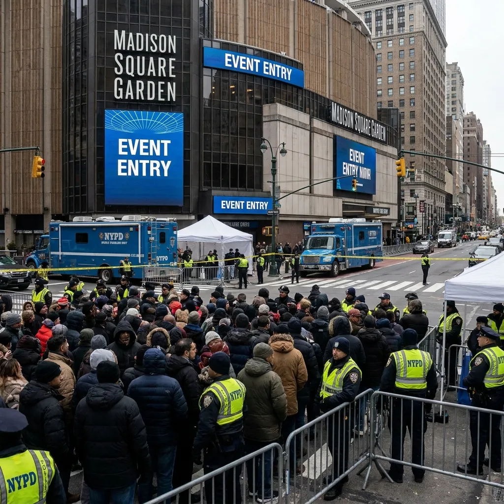 Massive crowds and NYPD police security checkpoints blocking streets outside Madison Square Garden.