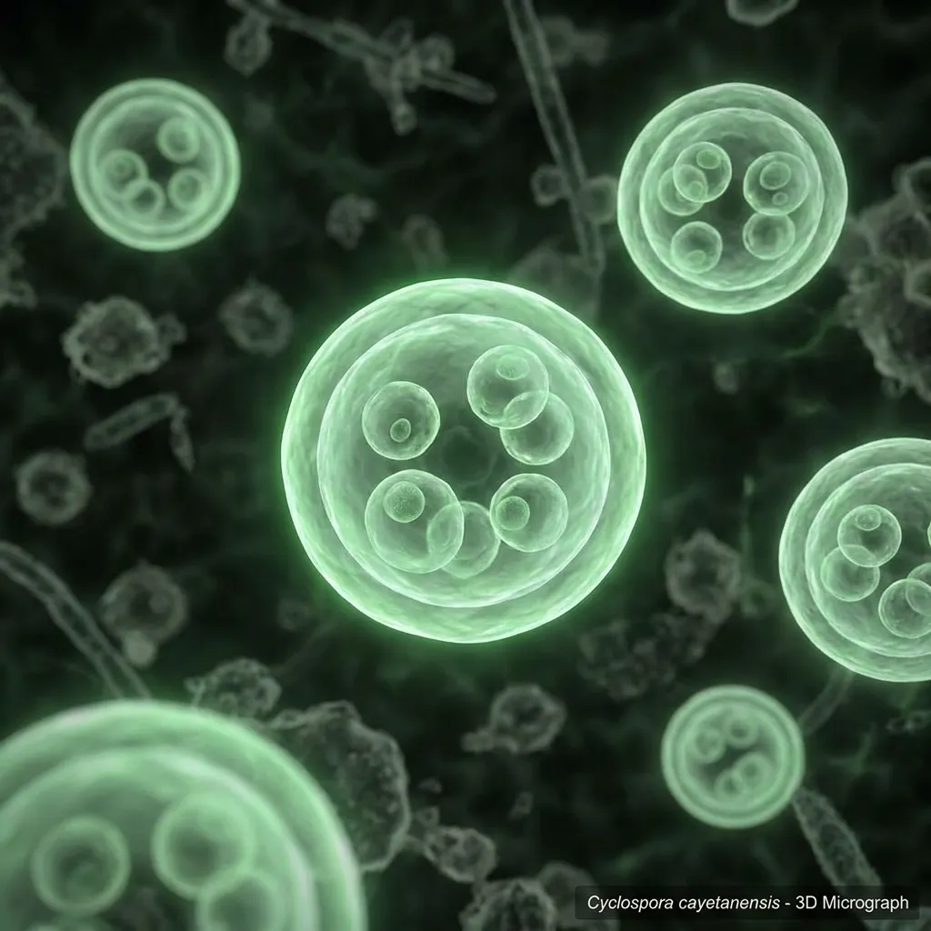 A 3D microscopic rendering of Cyclospora cayetanensis oocysts glowing green against a dark background, showing what the explosive diarrhea parasite looks like under a microscope