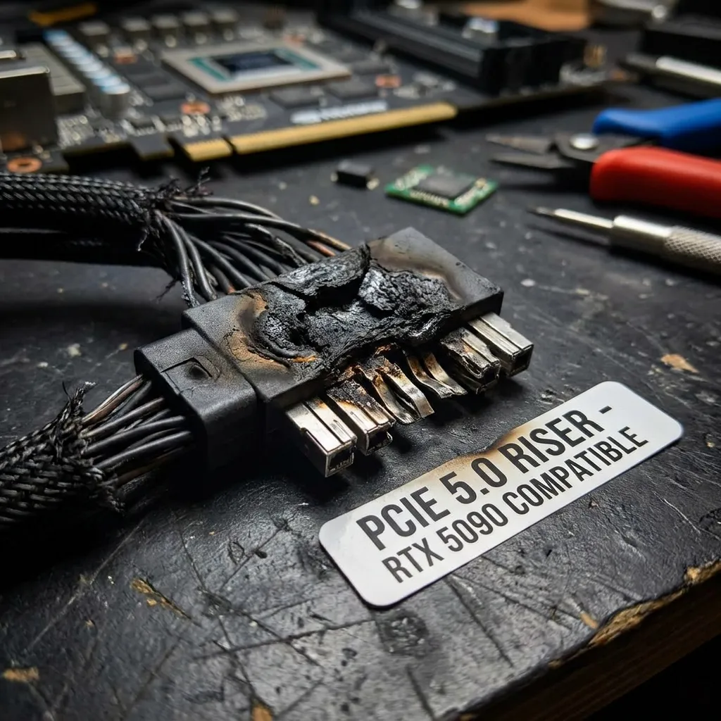 Close-up of a damaged PCIe extension cable emphasizing the severe reality of RTX 5090 riser cable issues