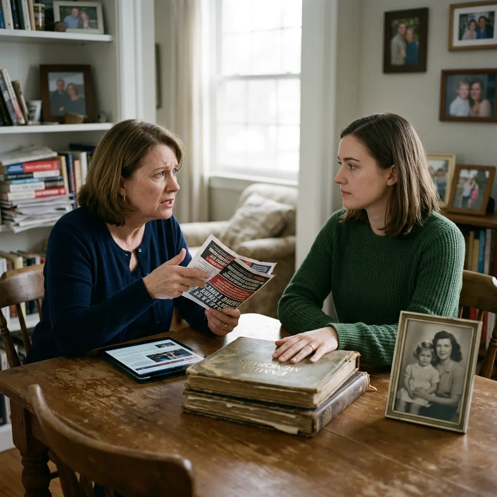 A symbolic representation of a daughter setting strong boundaries against her mother's political extremism to protect family memories.