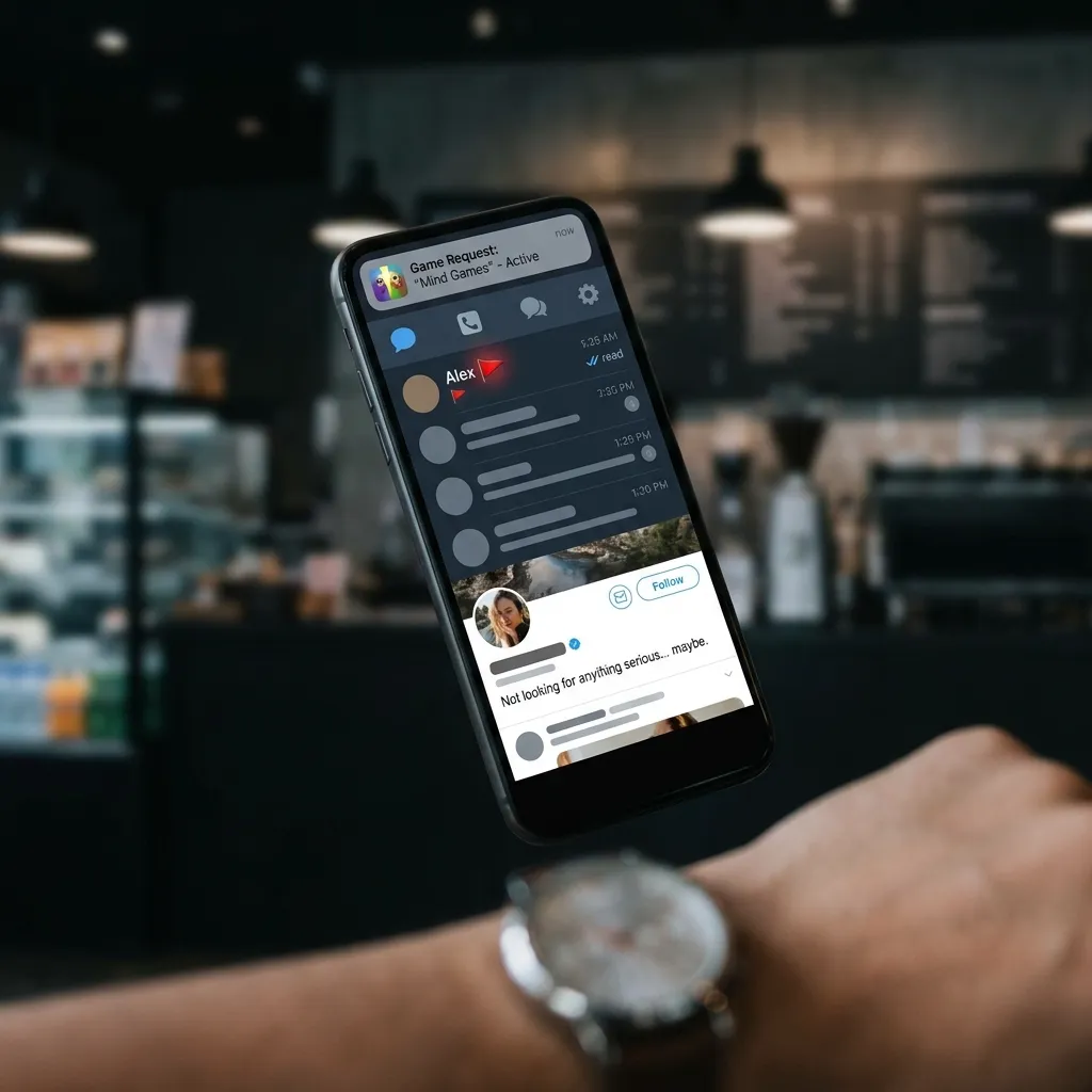 A floating smartphone screen displaying digital dating red flags, including a mind games app notification, a warning icon next to a text message contact, and a social media profile indicating mixed signals.