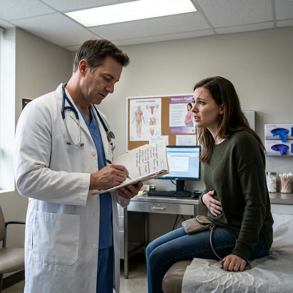 Male doctor taking notes on a clipboard while listening to a concerned female patient holding her abdomen on an exam table