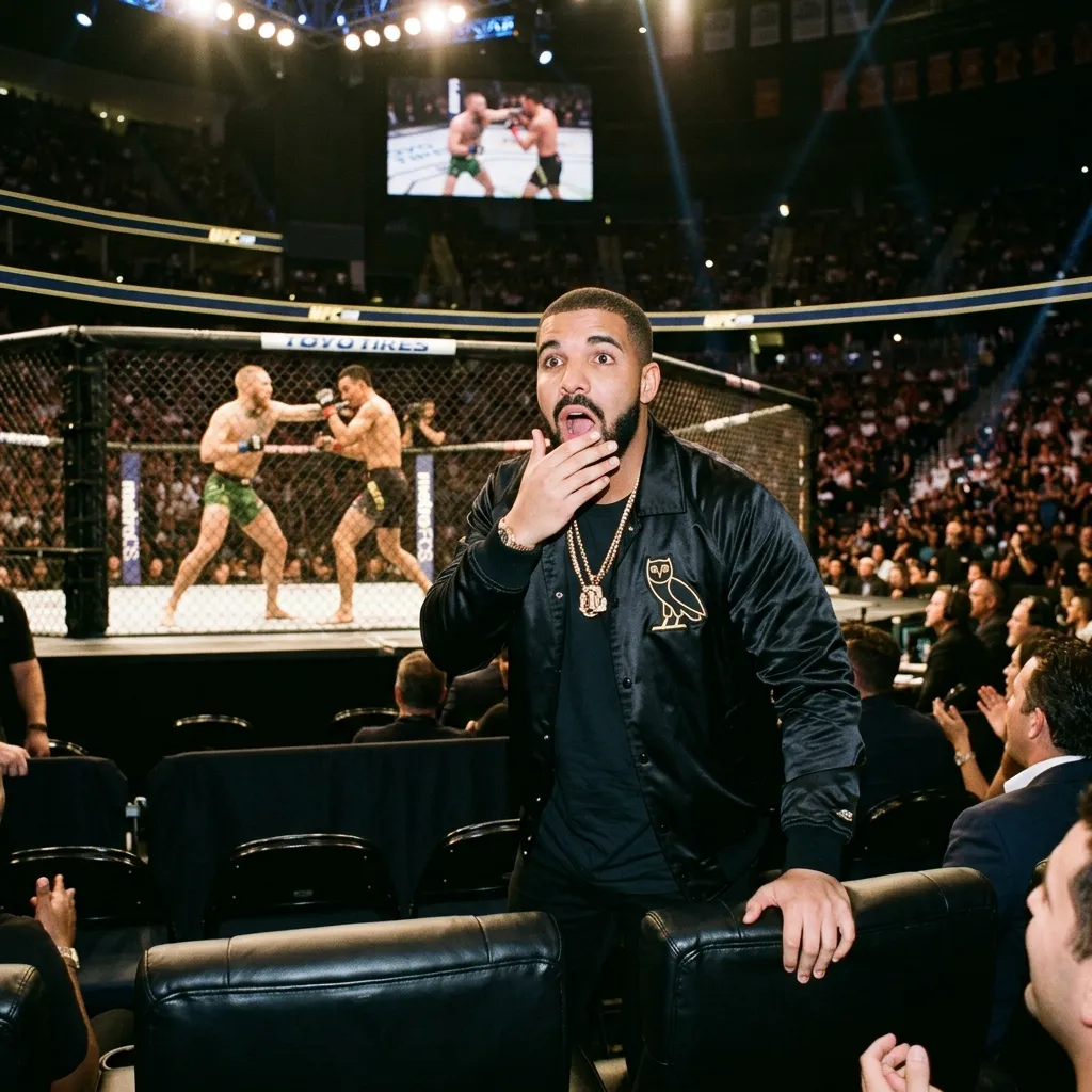 Drake standing up from his VIP seat, looking shocked and excited during the main event of the Conor McGregor vs Max Holloway fight