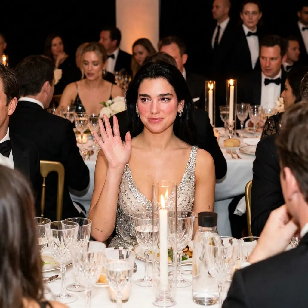 Dua Lipa wearing a silver sequined gown and waving awkwardly while seated at a formal candlelight banquet table