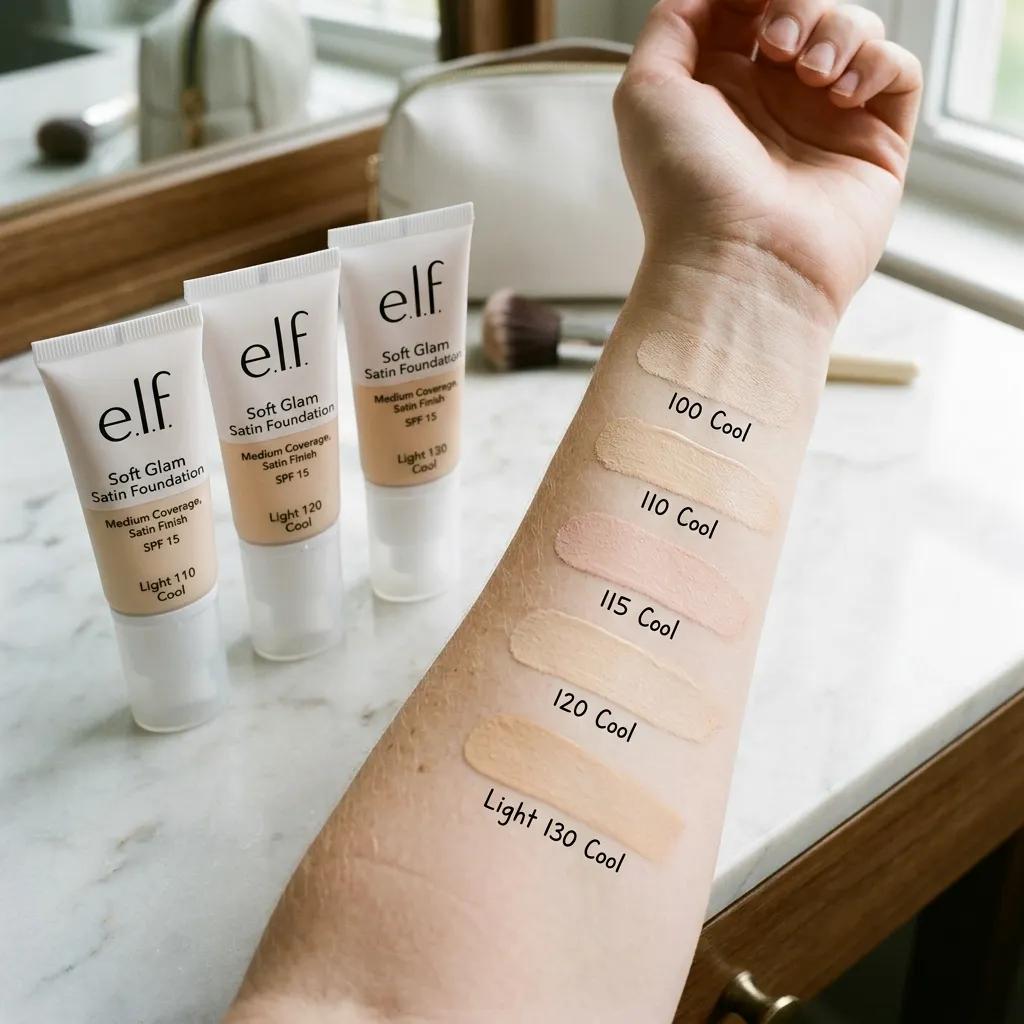 Tubes of e.l.f. Soft Glam Satin Foundation with arm swatches showing light and cool shade ranges
