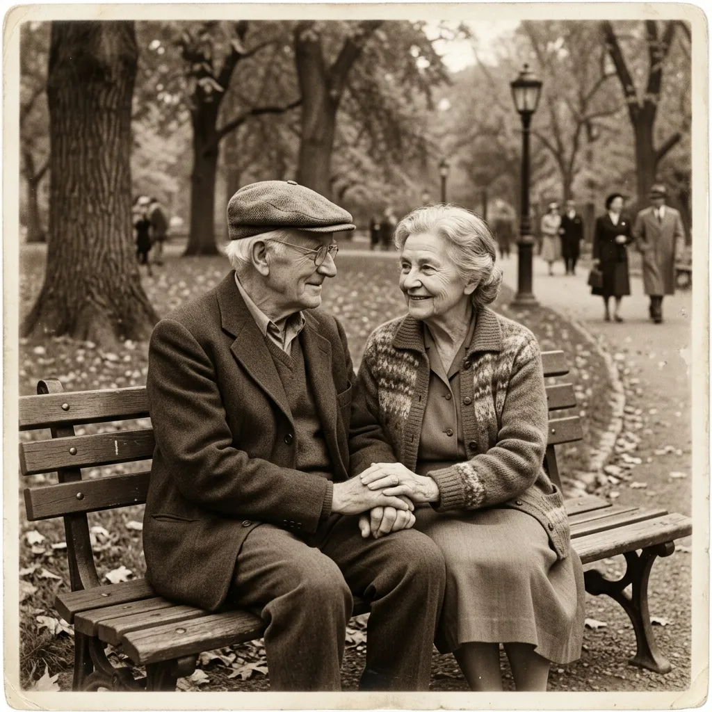 A vintage sepia photograph of an elderly couple holding hands on a park bench, representing the long-term impact and potential happy endings of real forbidden relationship stories