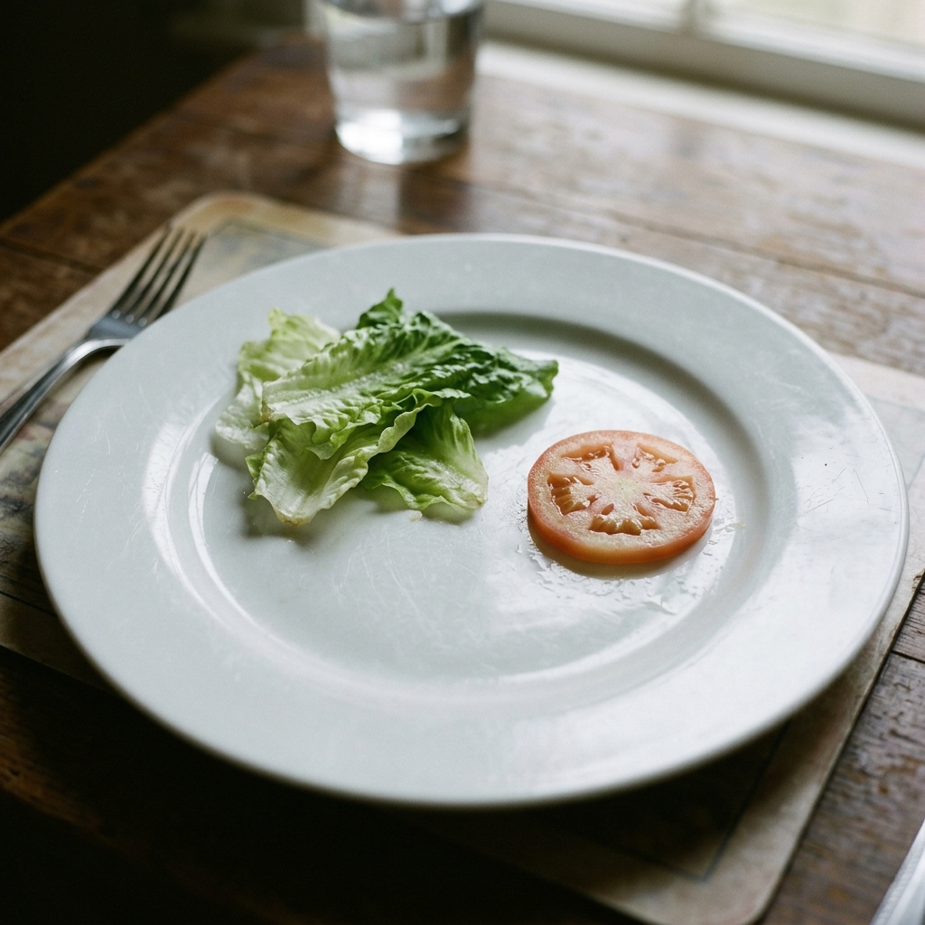A sad-looking, empty white dinner plate with only a few plain lettuce leaves and a single slice of tomato on it.