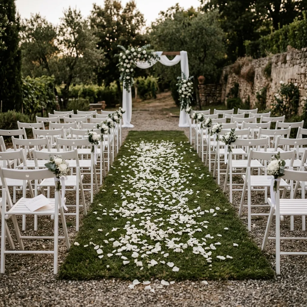 An empty wedding aisle with scattered white rose petals, symbolizing a cancelled ceremony after a groom was caught cheating before the wedding