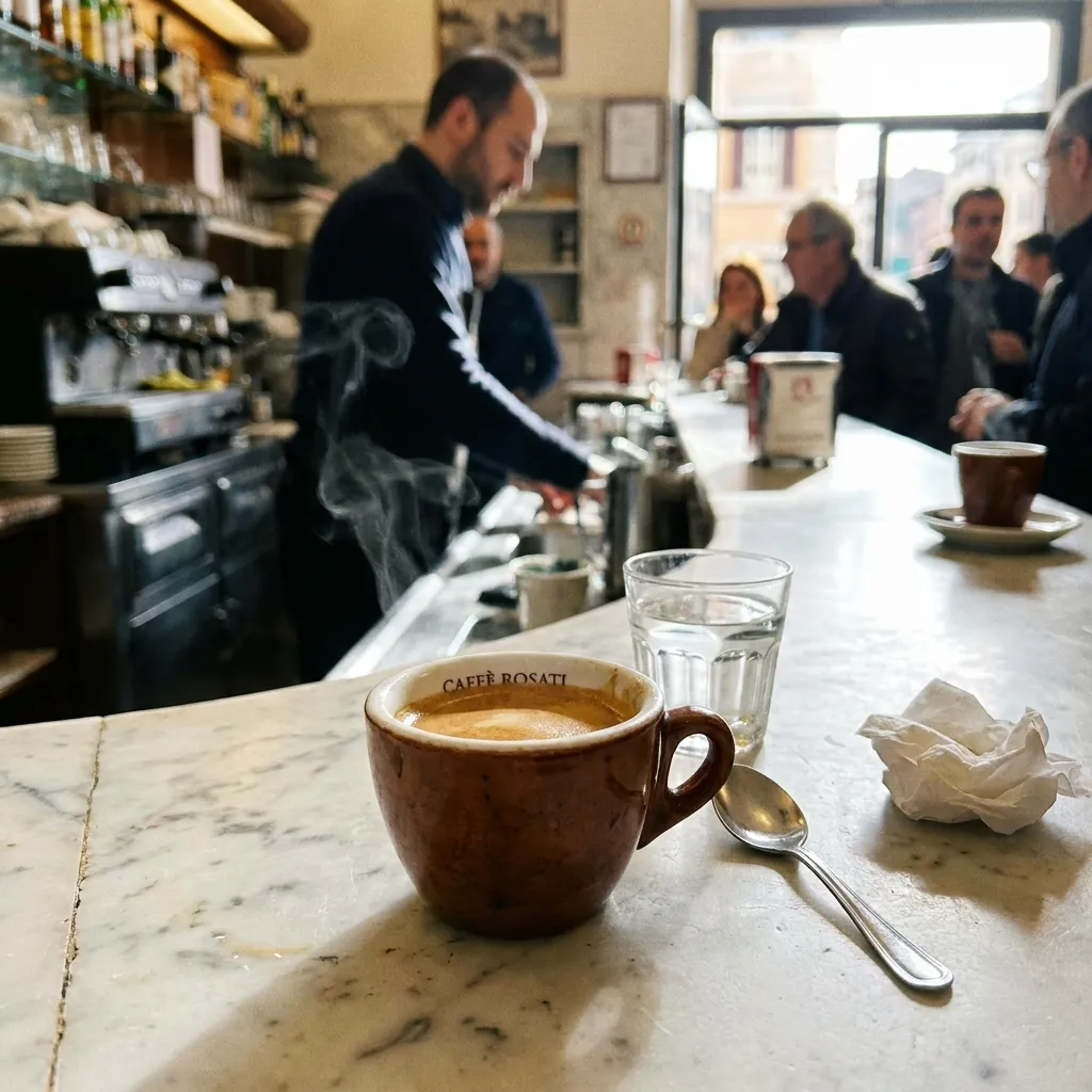 A freshly brewed shot of Italian espresso served in a ceramic cup on a marble cafe counter in Rome