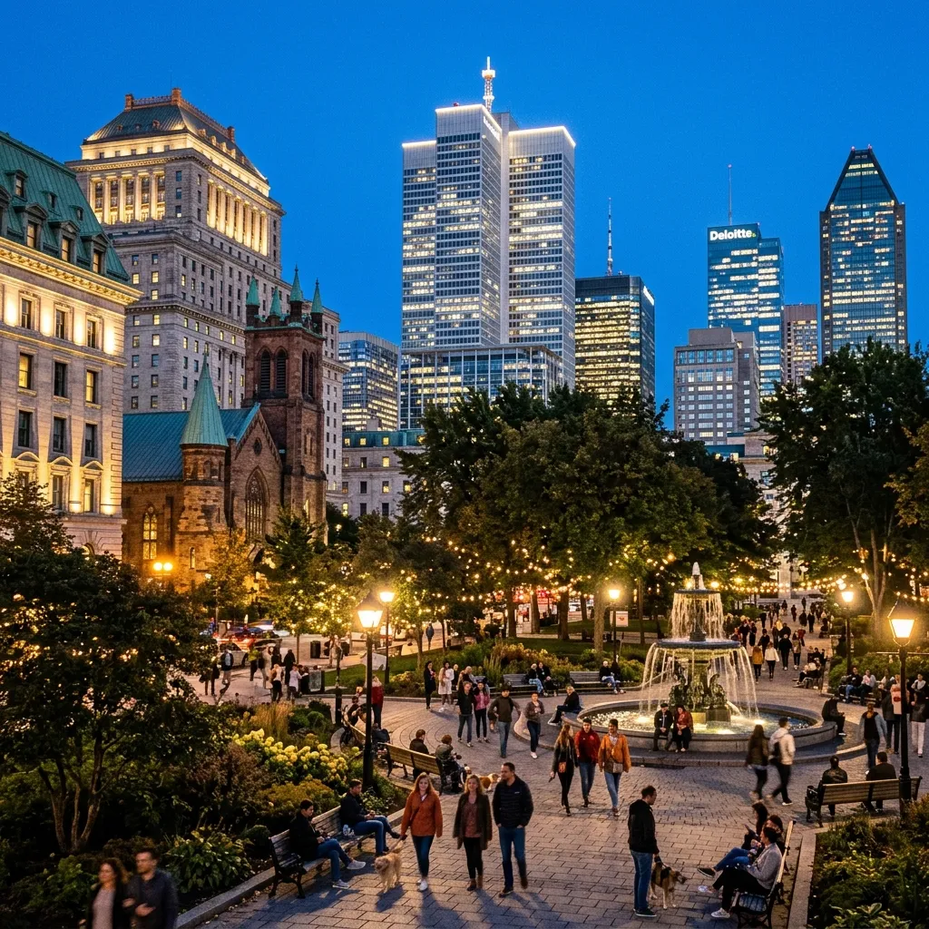 Evening cityscape of Montreal featuring a lively park atmosphere surrounded by historic and modern architecture]