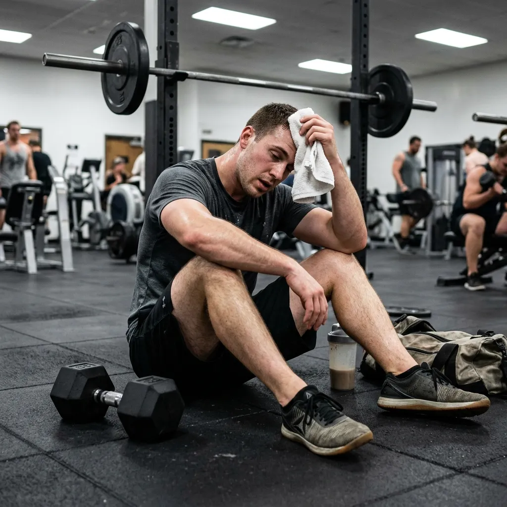 Exhausted person sitting on gym floor near heavy dumbbells experiencing workout burnout from skipping rest days.