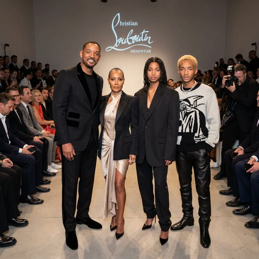 Will Smith, Jada Pinkett Smith, Willow Smith, and Jaden Smith posing fashionably together as a united family at the Christian Louboutin Menswear show in Paris.