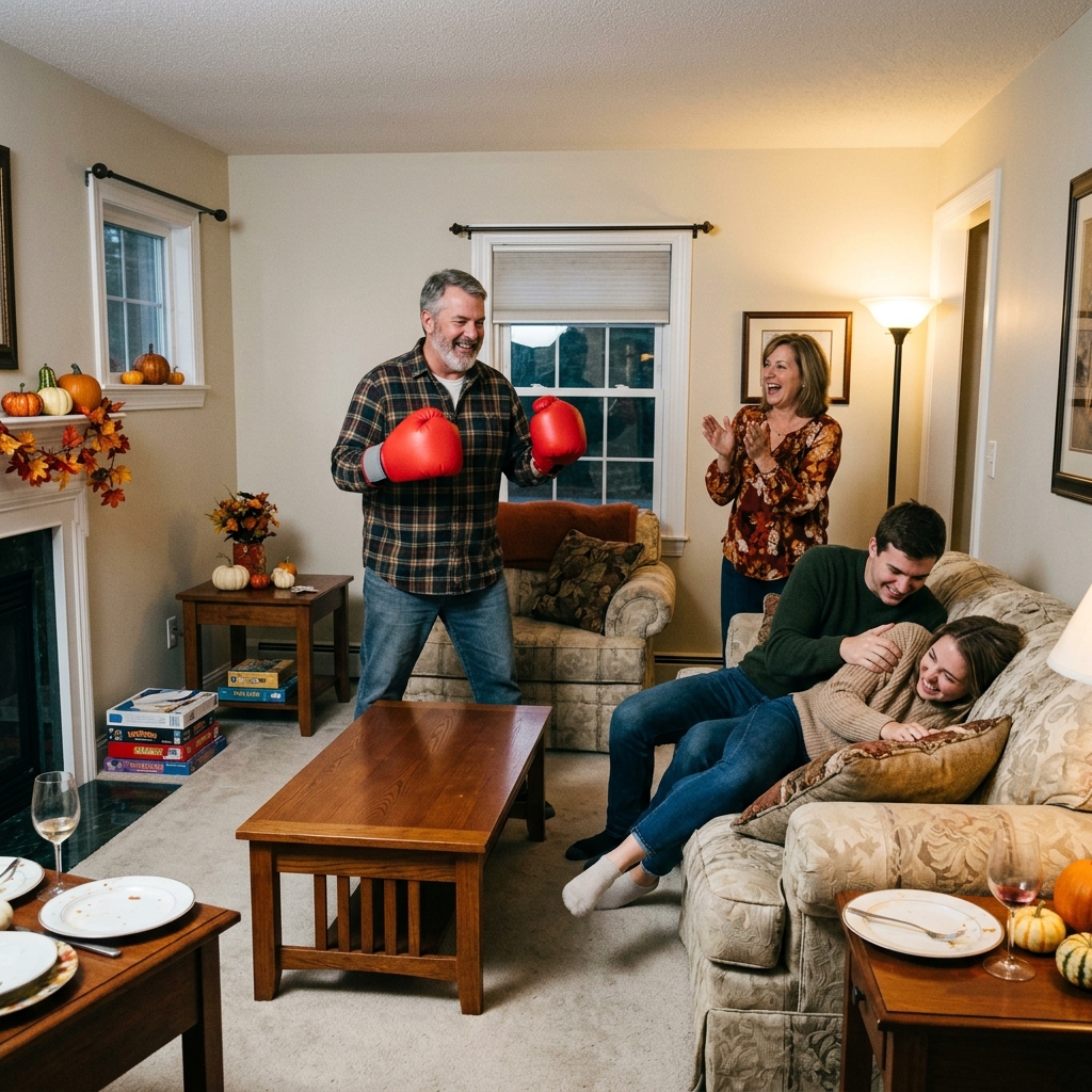 A cheerful family having a playful indoor sparring match with red boxing gloves in their living room after dinner.