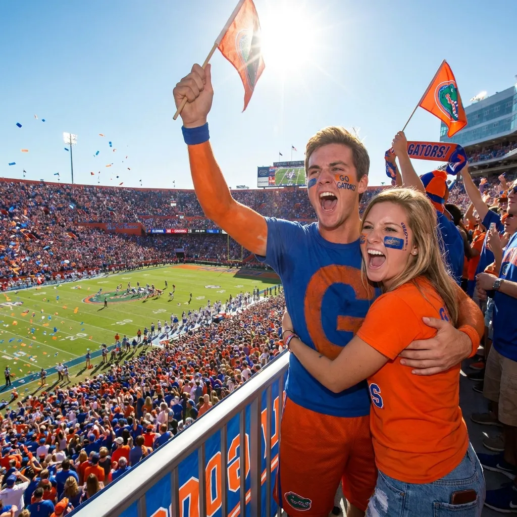 Two enthusiastic sports fans cheering from a balcony at a crowded, sunlit American college football stadium