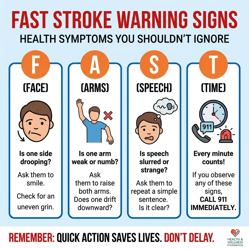 A graphic infographic illustrating the F.A.S.T. stroke warning signs, focusing on facial drooping and speech issues.