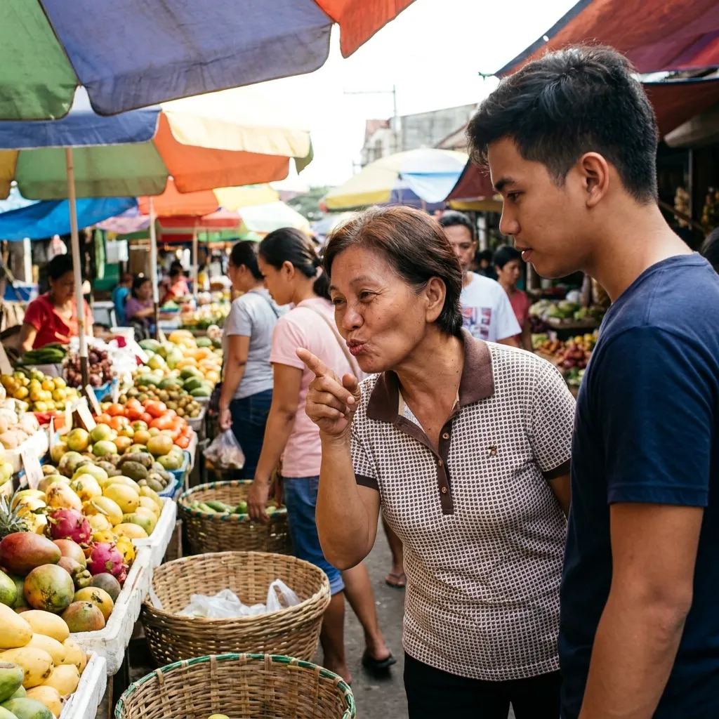 Filipino local gesturing and pointing directions using puckered lips instead of hands in a sunny market