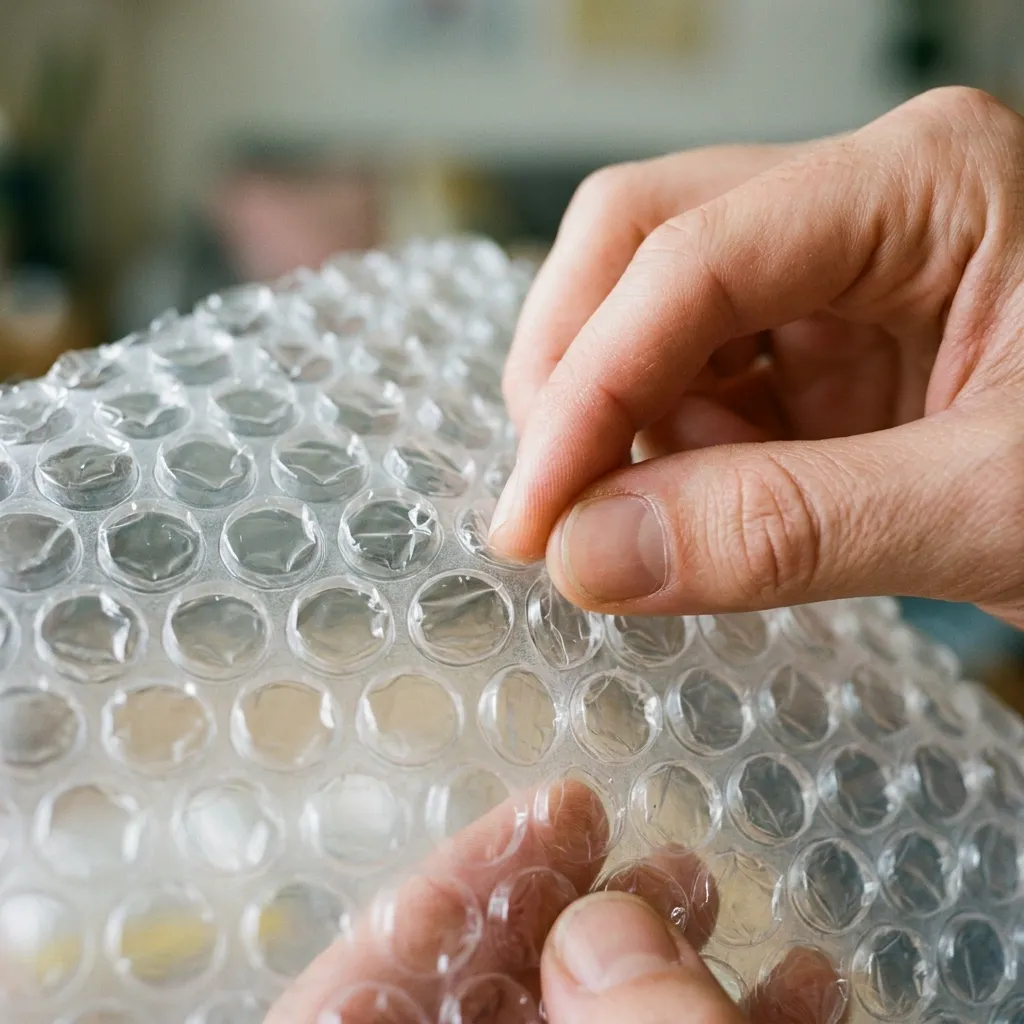 Close-up of fingers popping clear bubble wrap packaging material, an item originally intended as 3D wallpaper
