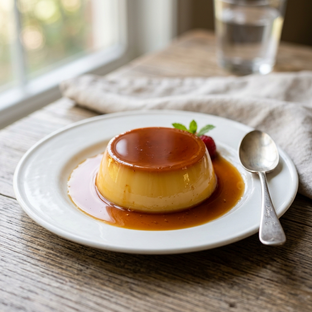 A smooth, golden flan custard coated in amber caramel sauce on a white porcelain dish.