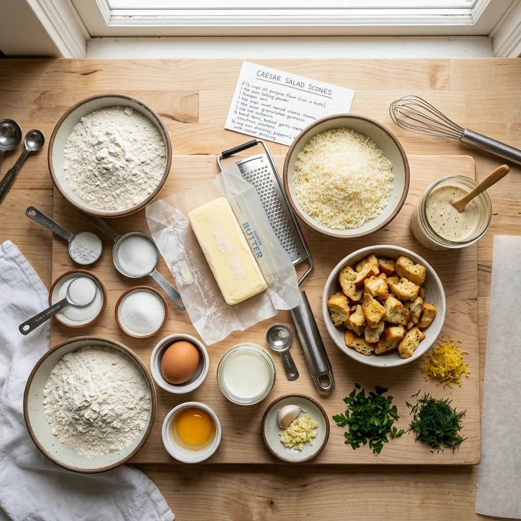 Flat lay of ingredients needed for the Christina Tosi Caesar salad scones recipe, including grated parmesan cheese, croutons, creamy Caesar dressing, and a block of frozen butter