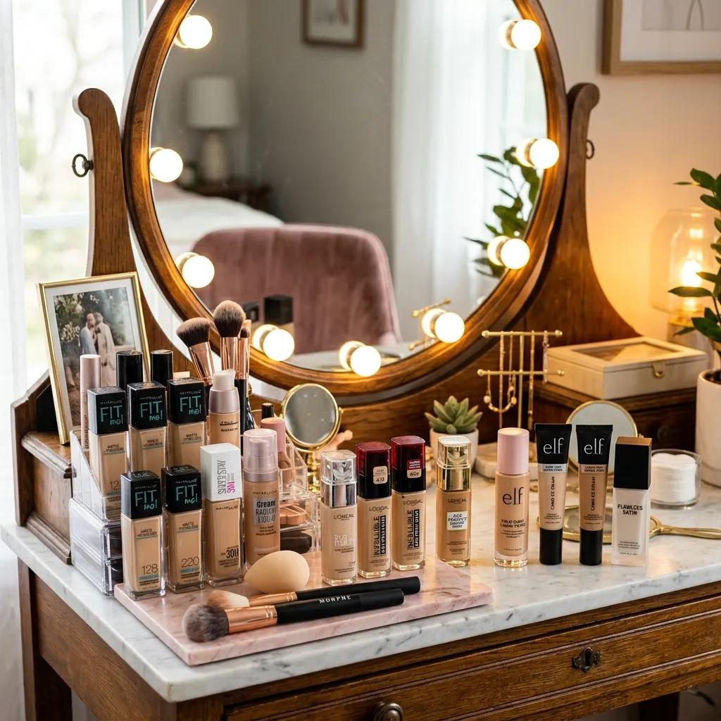A vanity table displaying the best drugstore foundations including Maybelline, L'Oreal, and e.l.f. bottles for various skin types