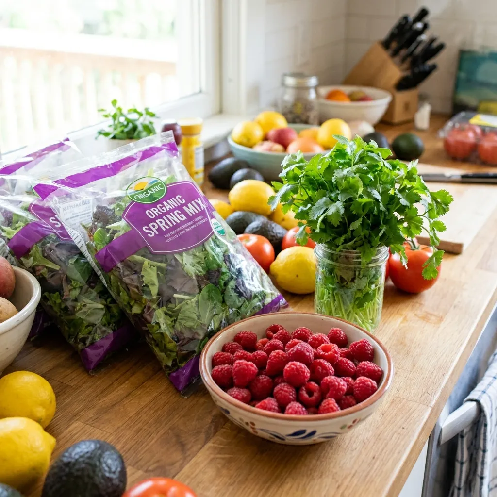 A vibrant display of fresh produce on a kitchen counter, including bagged spring mix salads, fresh cilantro, and a bowl of bright red raspberries that are frequently linked to the explosive diarrhea parasite.