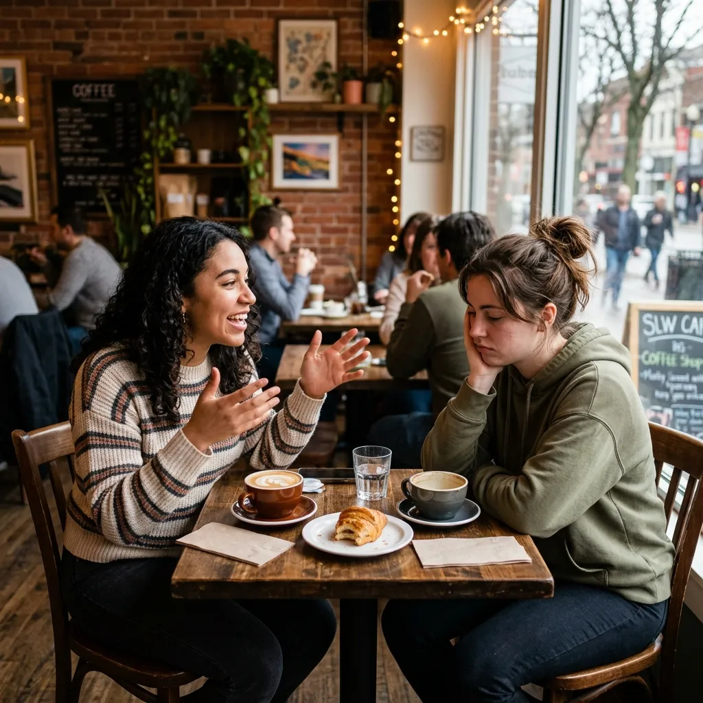 One person dominating a conversation at a cafe, showing one of the signs you think about yourself too much.