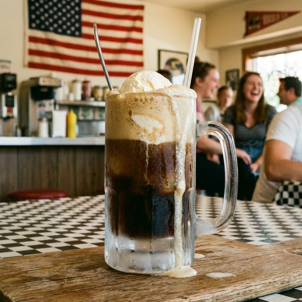 A close-up of a frosty glass mug overflowing with dark root beer soda and melting vanilla ice cream, representing classic purely American traditions
