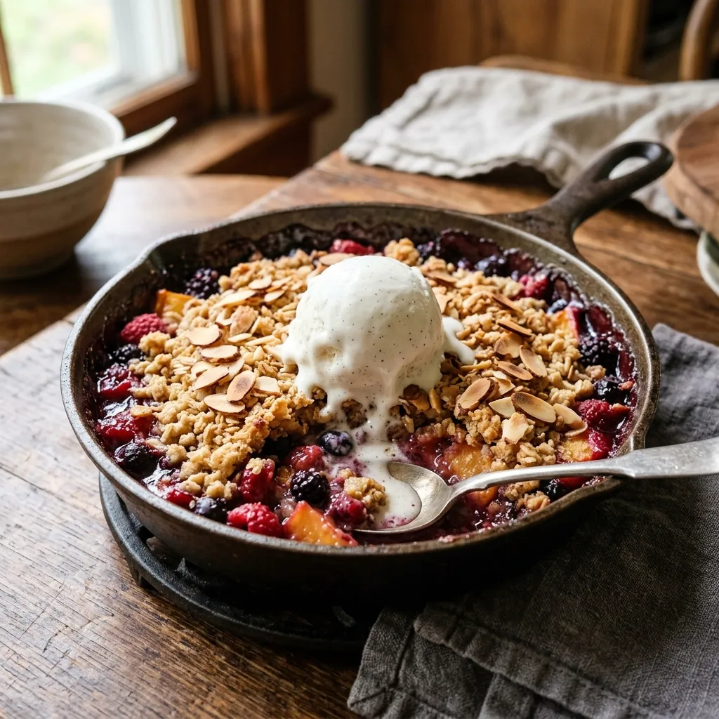 A warm, bubbly fruit dessert baked in a cast-iron skillet, topped with golden crumble, toasted almonds, and a melting scoop of vanilla bean ice cream.