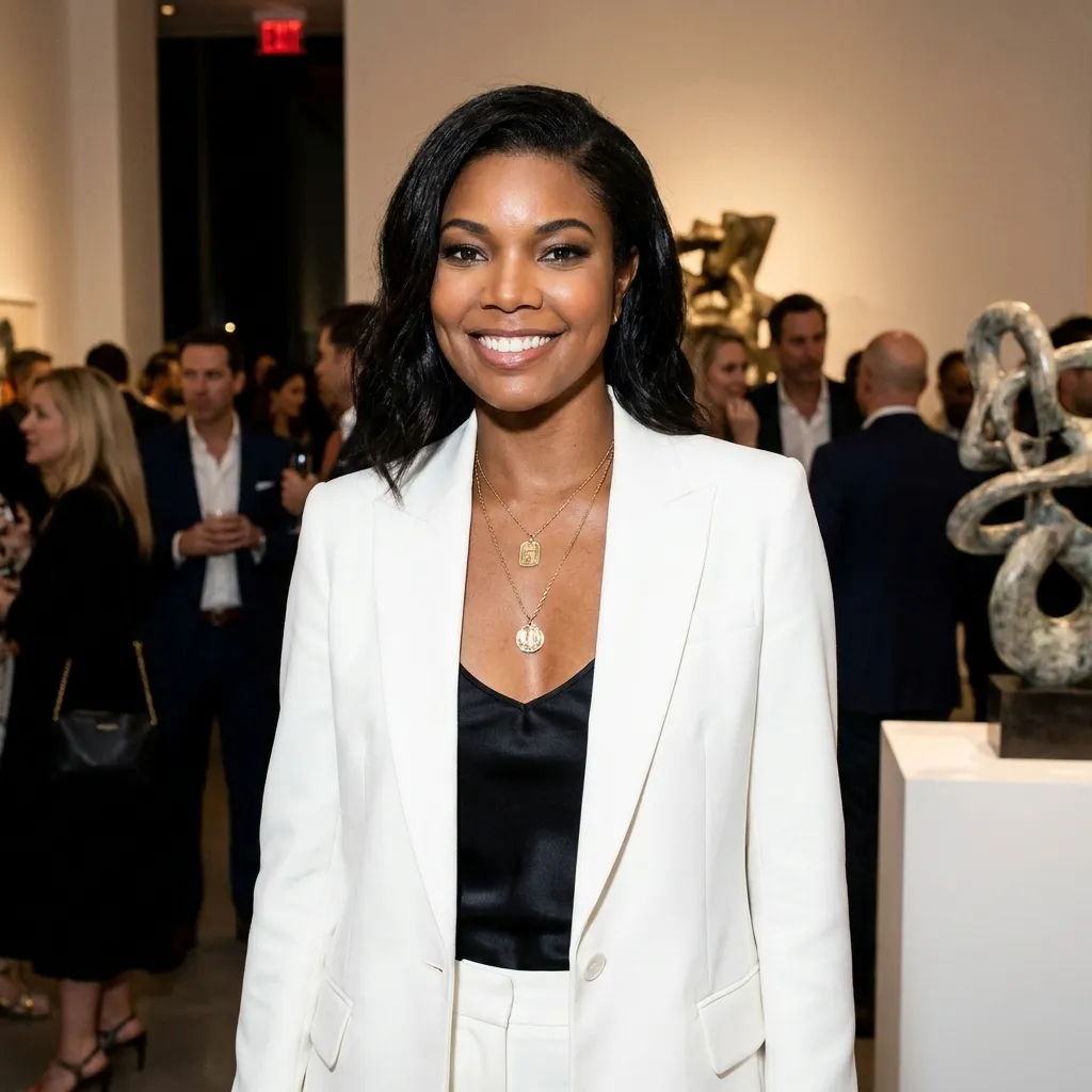 Gabrielle Union smiling at an indoor event wearing a tailored white blazer, black top, and layered gold necklaces