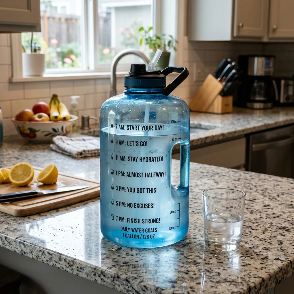 Gallon sized motivational water jug with time markers on a kitchen counter representing extreme over-hydration.