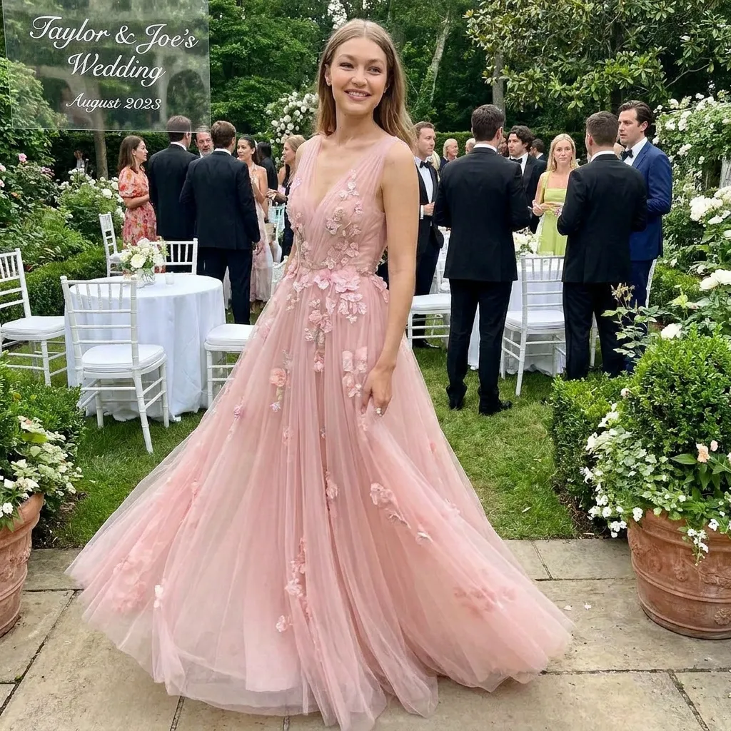 Gigi Hadid posing in a stunning soft pink gown at Taylor Swift's wedding