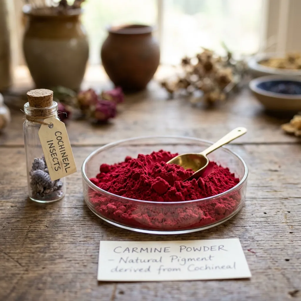 A glass dish containing bright red carmine powder derived from cochineal insects