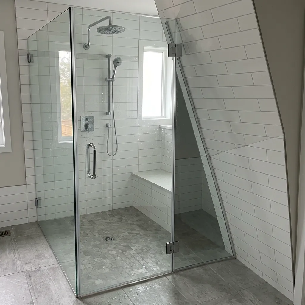 A glass shower door that fails to align properly with the wall leaving a large triangular gap