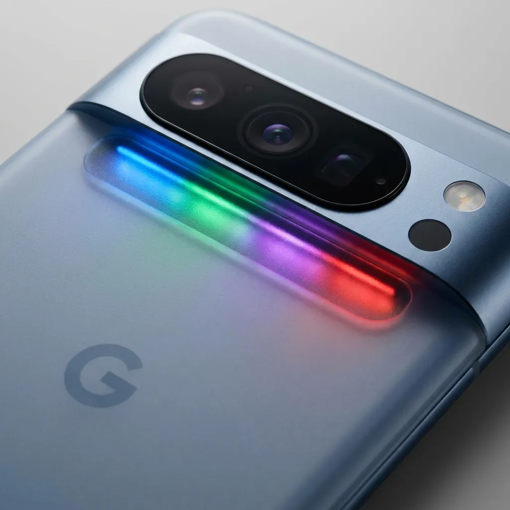 Close-up of the glowing RGB notification bar on the back of the Google Pixel 11