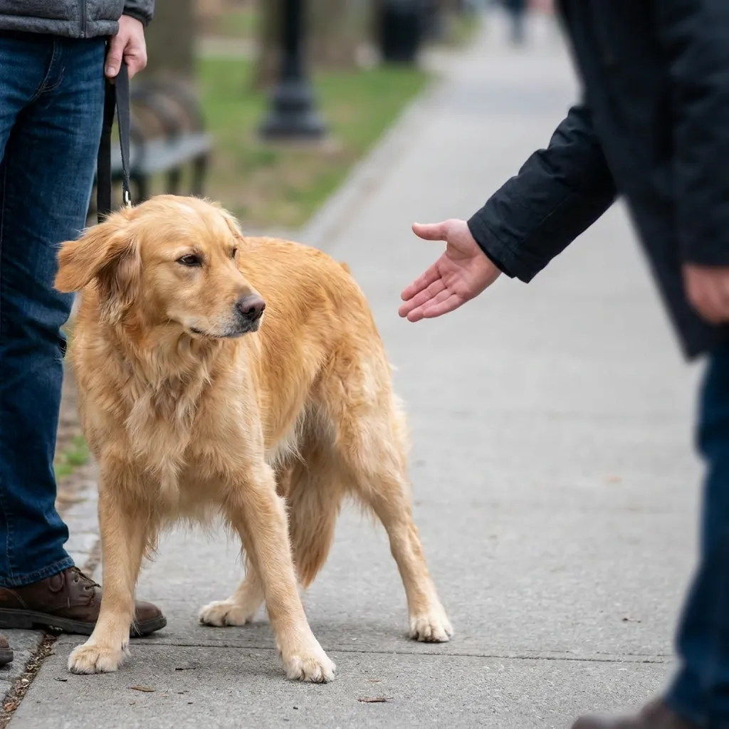 Golden retriever on a leash pulling away from a stranger's outstretched hand on a paved park sidewalk.