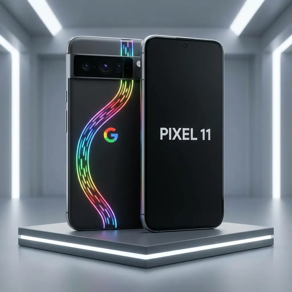 Leaked conceptual render of the Google Pixel 11 featuring the rumored RGB Pixel Glow notification lights