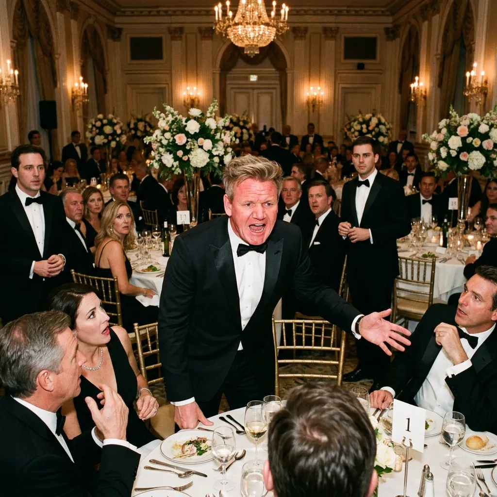 Gordon Ramsay wearing a black tuxedo and yelling intensely at a formal gala dinner table while surrounding guests look on in shock