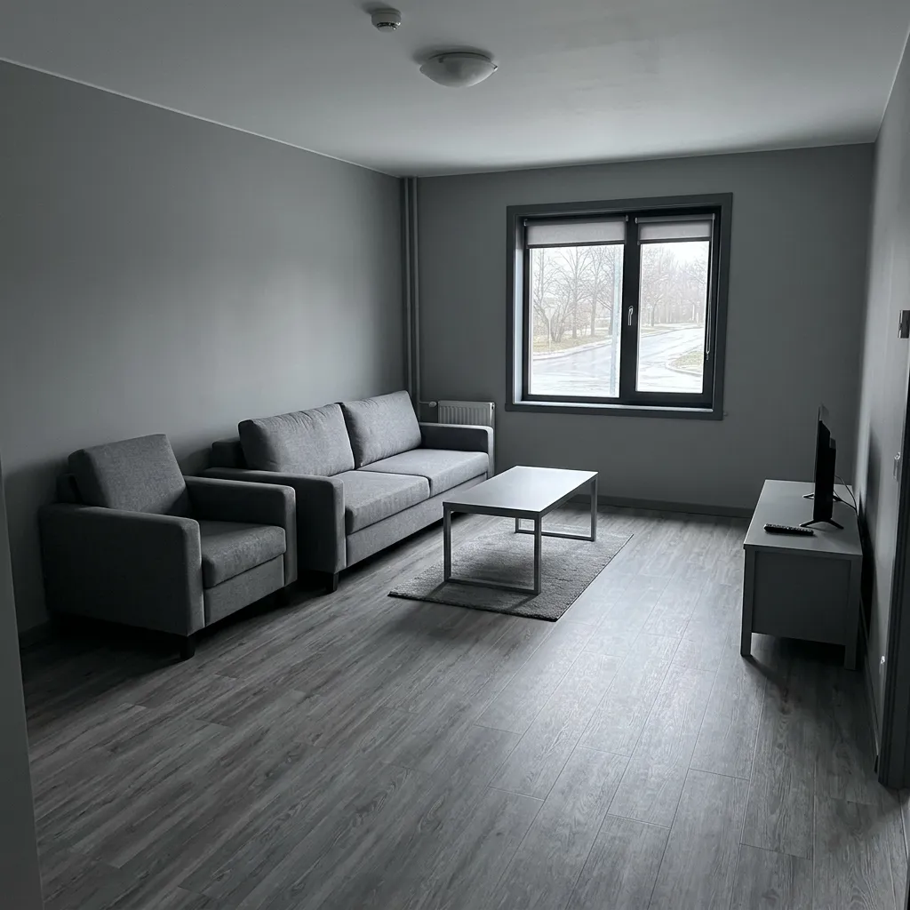 A cold, uninviting living room featuring gray vinyl floors, gray walls, and gray furniture