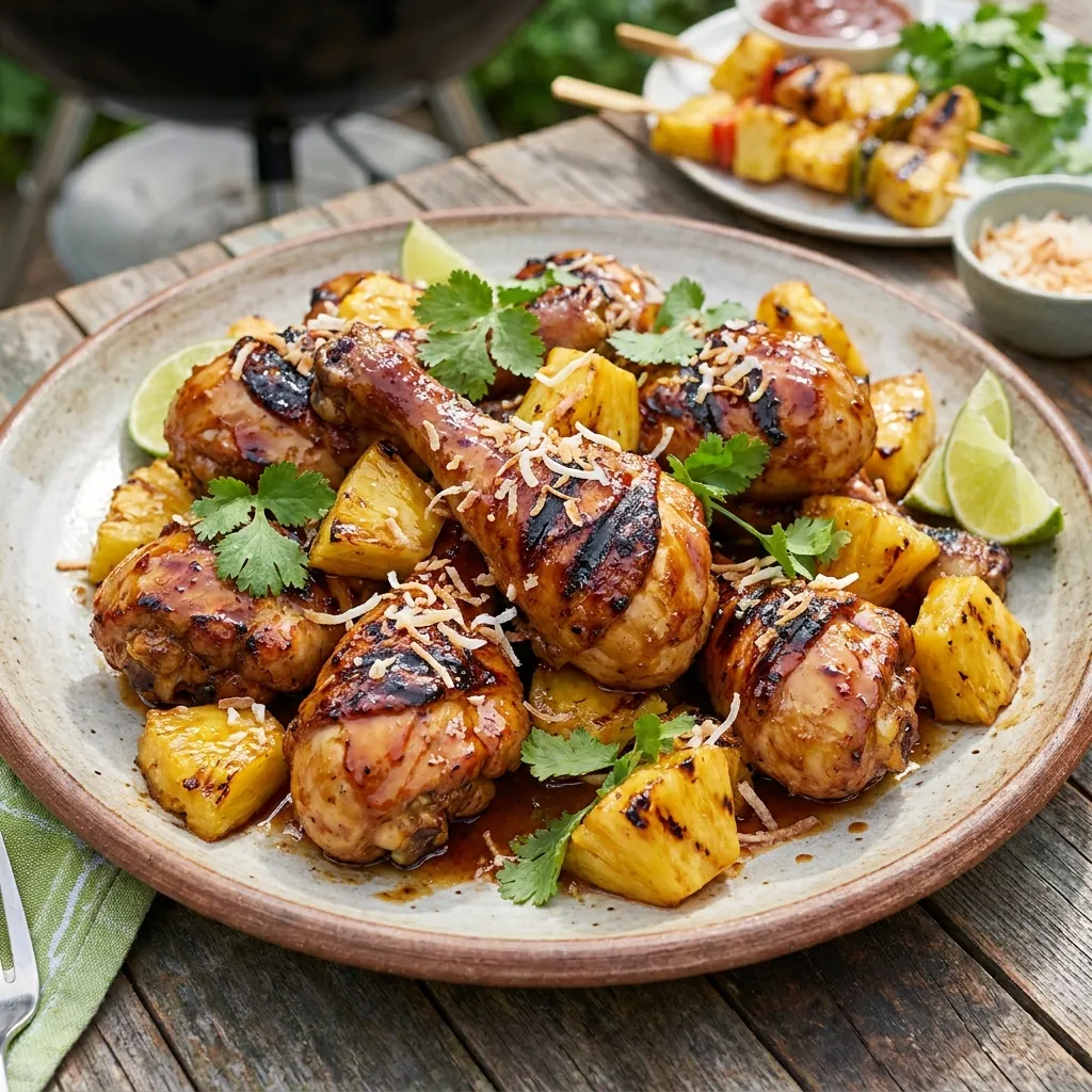 Grilled chicken drumsticks and roasted pineapple chunks topped with a glossy, sweet glaze on a rustic platter.
