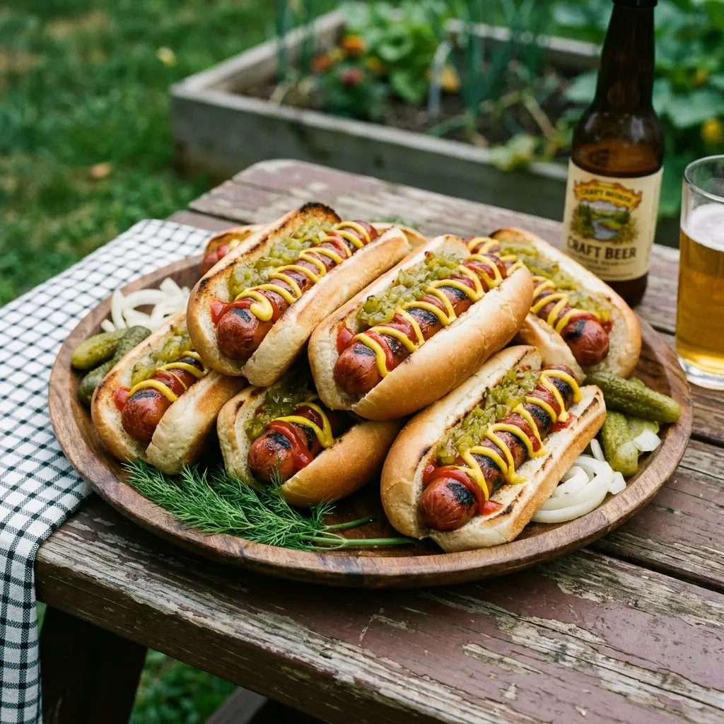 Grilling different grocery store hot dogs over an open charcoal flame for taste testing.