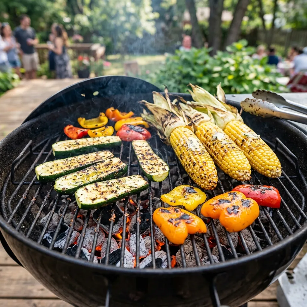 Sizzling grilled zucchini, corn on the cob, and bell peppers on a summer barbecue grill