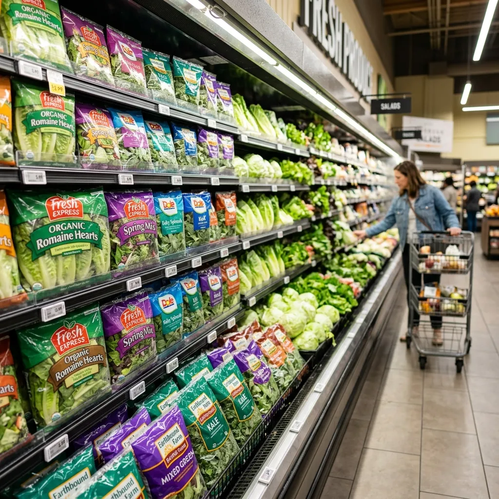 Fresh leafy greens and bagged salads in a grocery store aisle highlighting the foods to avoid during the cyclospora outbreak