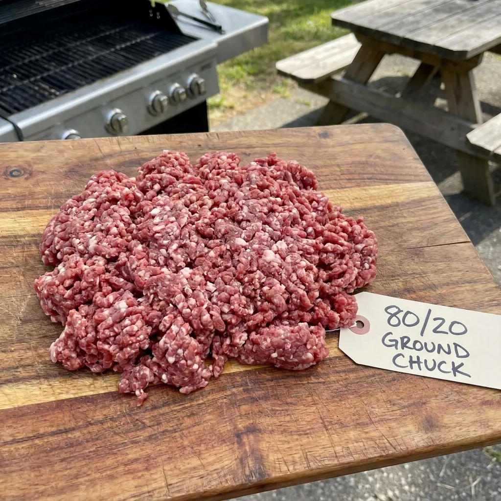 A wooden cutting board displaying fresh 80/20 ground chuck beef, the ideal fat ratio for juicy cookouts to prevent one of the biggest burger grilling mistakes