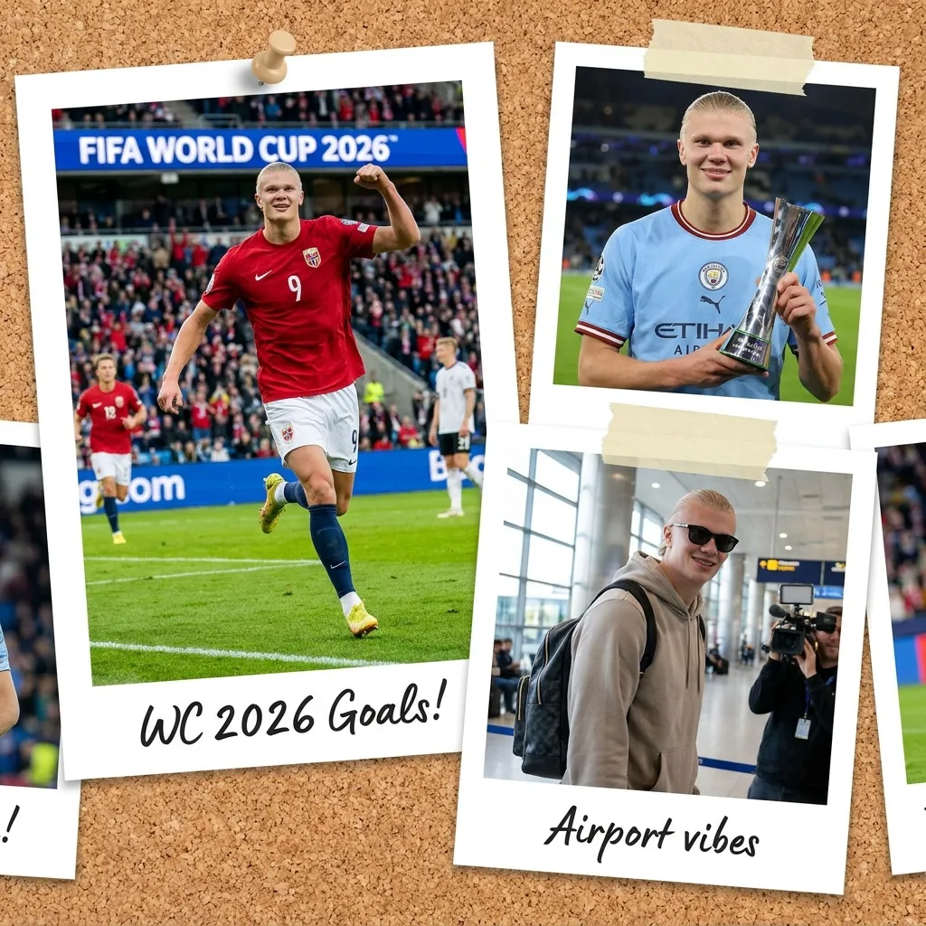 A montage of Erling Haaland scoring goals at the 2026 World Cup and his viral moment carrying the raccoon souvenir.