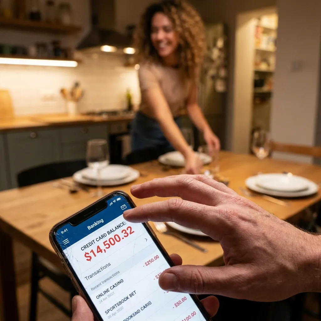 A close-up of a hand nervously shielding a phone screen showing a banking app with substantial, undisclosed credit card debt and gambling transaction history. In the blurred background, a partner, unaware, smiles warmly while setting a dinner table, unaware of the hidden financial burden