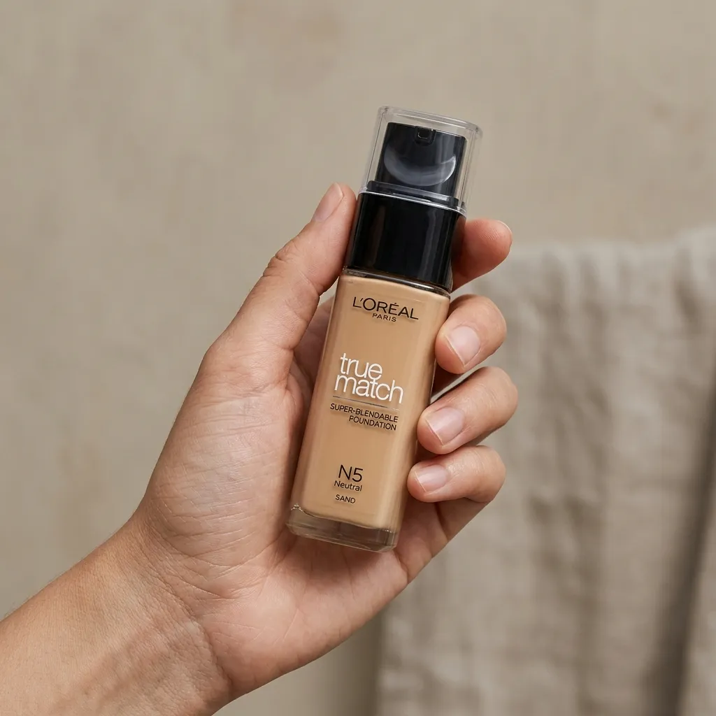 A hand holding a bottle of L'Oréal True Match Super-Blendable Foundation in shade N5 against a neutral background