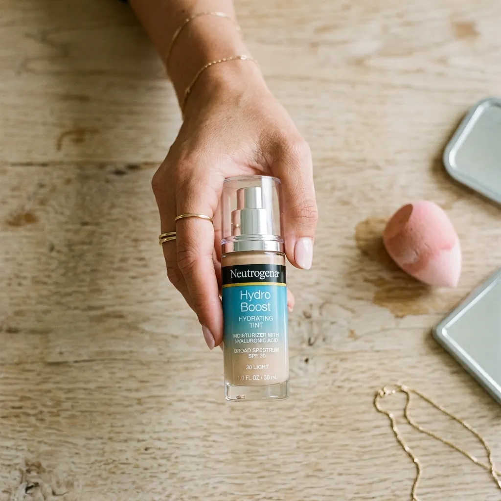 Top-down view of a hand holding a bottle of Neutrogena Hydro Boost hydrating tint