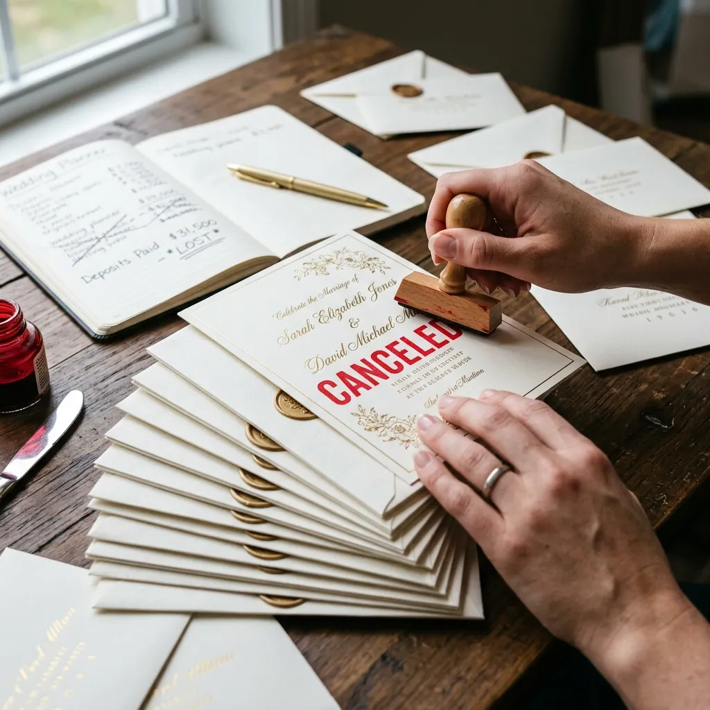 A close-up of a hand stamping "CANCELED" in red ink over a stack of expensive, formal wedding invitations, representing the financial cost of being caught cheating before the wedding