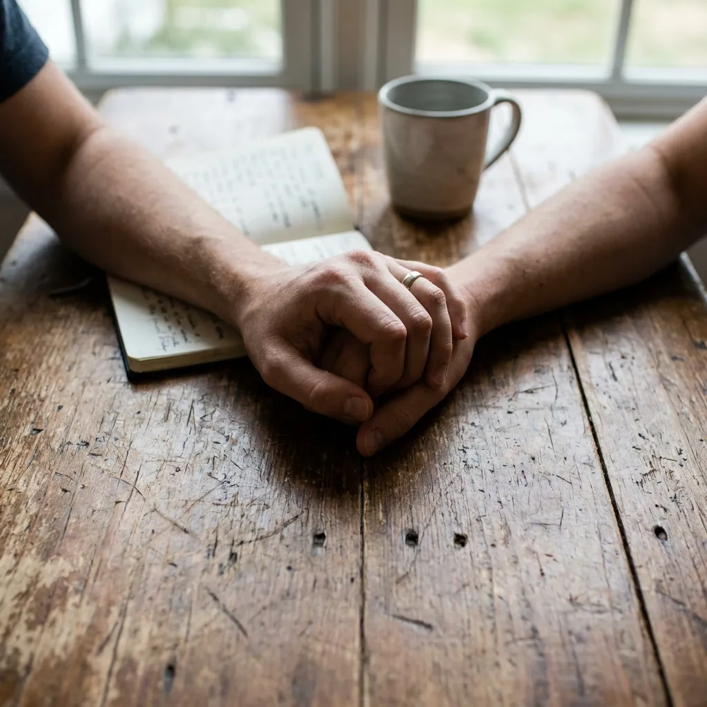 Two hands holding each other over a wooden table, symbolizing the need for open communication and honesty in difficult times.