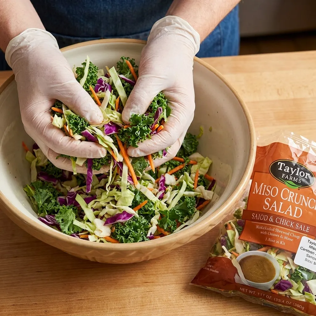 Close-up view of hands massaging the raw cabbage and kale leaves in a bowl to soften them, showcasing the 'massaging the greens' pro tip.